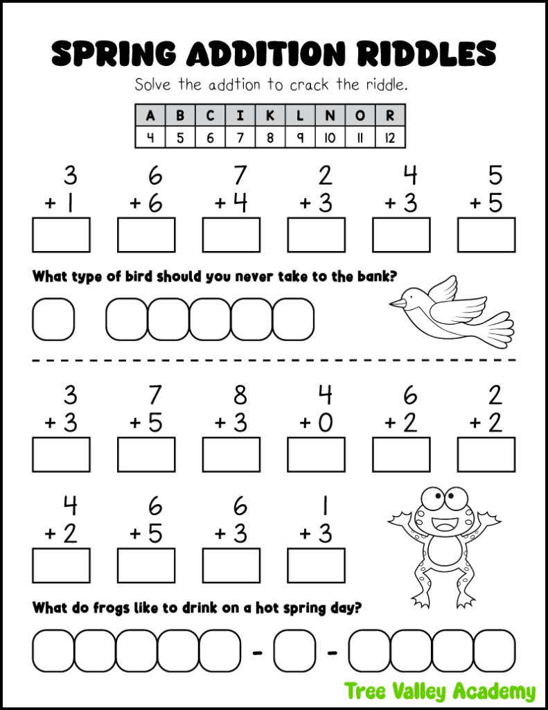 Spring addition riddles worksheet for grade 1 and 2 with single digit addition problems and a bird joke