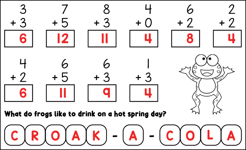Spring addition riddles answer key showing solved frog joke &ldquo;What do frogs like to drink on a hot spring day&rdquo; for grade 1 and 2