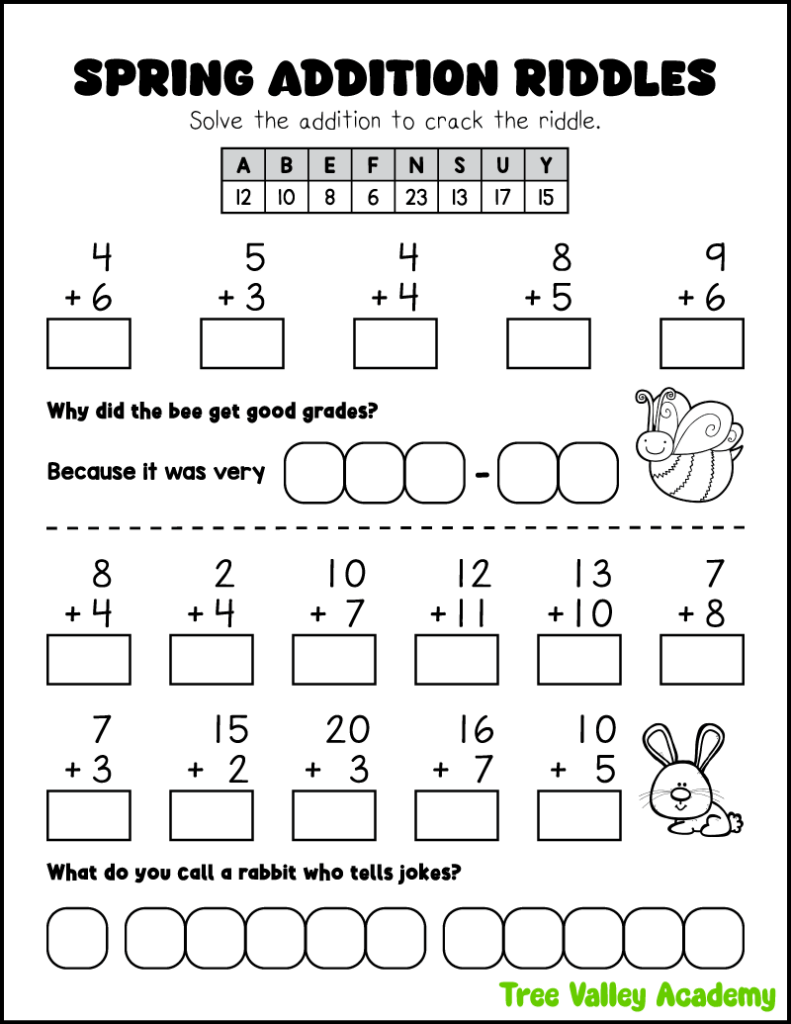 Spring addition riddles worksheet with two-digit addition problems and fun bee and bunny jokes for grade 1 and 2