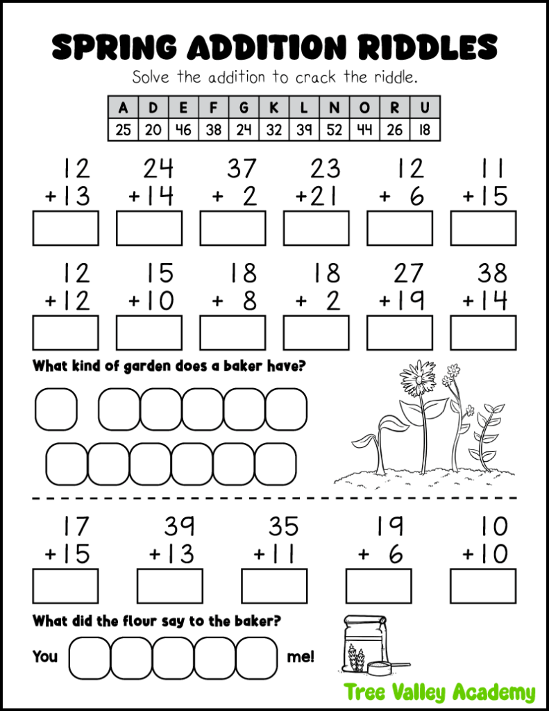 Spring addition riddles worksheet with two-digit addition and regrouping practice for grade 1 and 2 with garden themed jokes