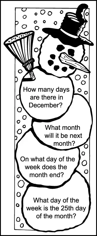 A section of the 1st grade December calendar worksheet that has an image of a 5 ball snowman. There is a calendar question in 4 of the snowballs.