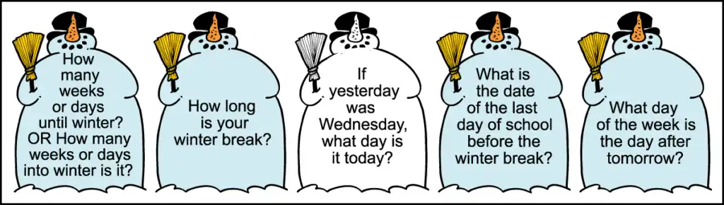 Five calendar questions of a 1st Grade December calendar worksheet written in images of snowmen.