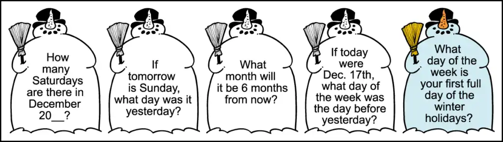 The last 5 calendar questions of a 1st Grade December calendar worksheet written in images of snowmen.