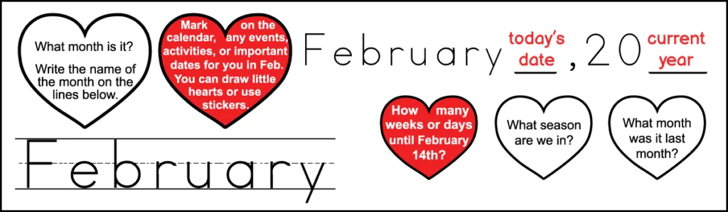 The first row of questions for a 1st grade February calendar worksheet.