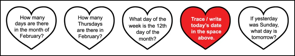The second row of questions for a 1st grade February calendar worksheet.