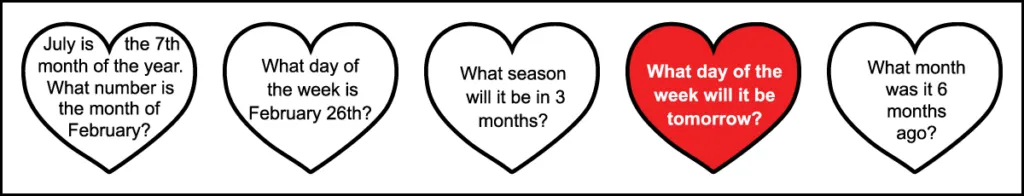 The third row of questions for a 1st grade February calendar worksheet.