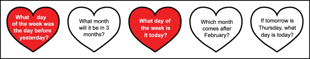 The last row of questions for a 1st-grade February calendar worksheet.