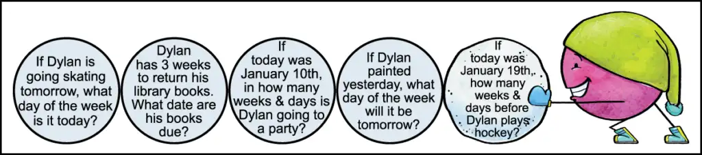 The second row of questions for a 1st grade January calendar worksheet.