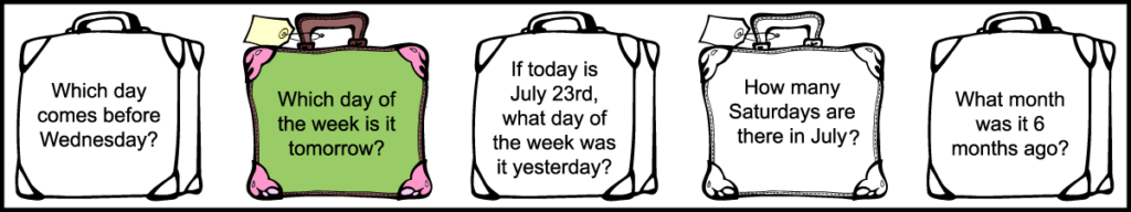 the 5 questions in the 2nd row of a printable 1st grade July calendar