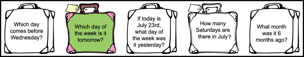 the 5 questions in the 2nd row of a printable 1st grade July calendar