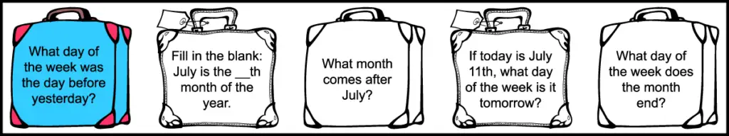 the 5 questions in the 4th row of a printable 1st grade July calendar