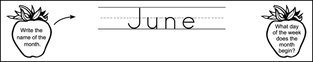 2 questions of a printable 1st grade June calendar worksheet