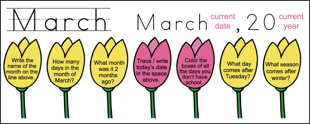 The first row of questions for a 1st grade March calendar worksheet. It also shows the answers to 2 of the questions.