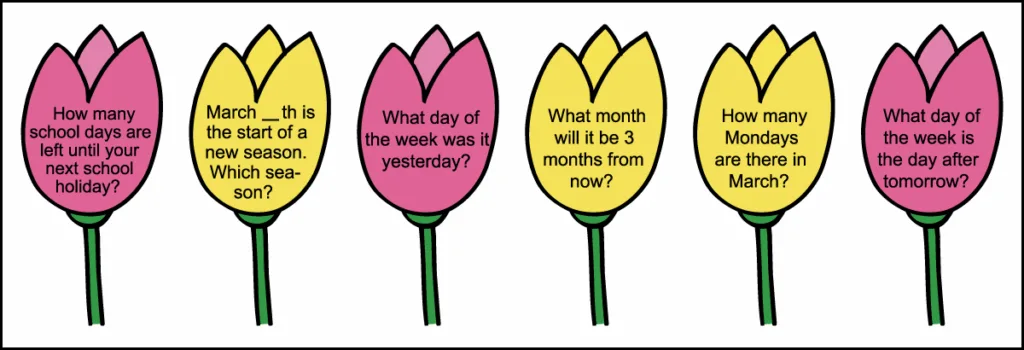 The second row of questions for a 1st grade March calendar worksheet.