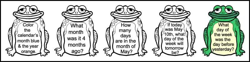 the 5 questions, each written in an image of a frog, in the 1st row of a printable 1st grade May calendar worksheet