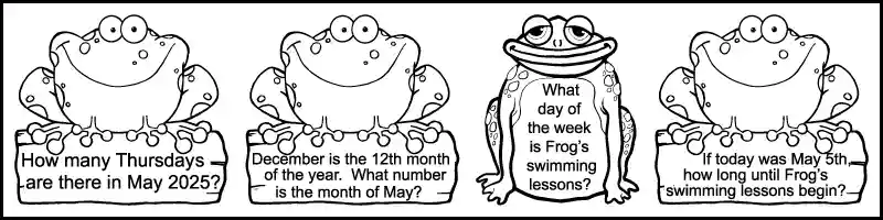 4 calendar questions, each written in an image of a frog and logs, in the 4th row of a printable 1st grade May calendar worksheet