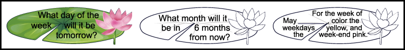 3 calendar questions, each written on a lily pad, in the 5th row of a printable 1st grade May calendar worksheet
