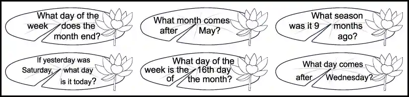 6 calendar questions, each written in an image of a lily pad, in the 2nd and 3rd row of a printable 1st grade May calendar worksheet