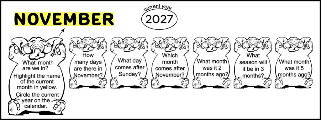 The 1st 7 questions of a 1st grade November calendar worksheet for kids. Also the answer of the 1st question.