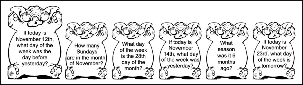 Six questions of the 4th row of a 1st grade November calendar worksheet. Each question is written in the image of an elephant.