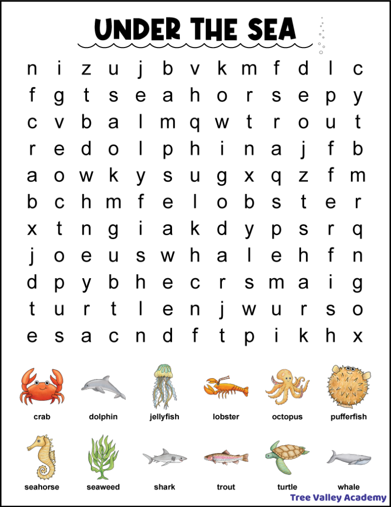 A printable 1st grade ocean word search. The easy under the sea word find has 12 hidden words in an 11X13 grid of letters. Each word to find has an image showing what the word is.