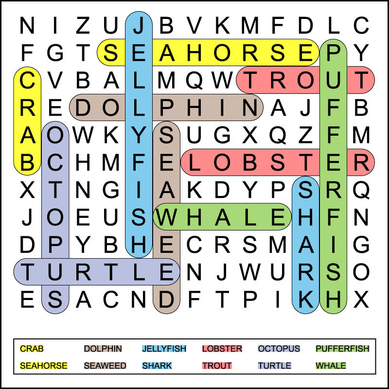 A color coded 1st grade summer word search answer key. The printable kid's word search has 12 hidden words in an 11 X 13 grid of large print letters.