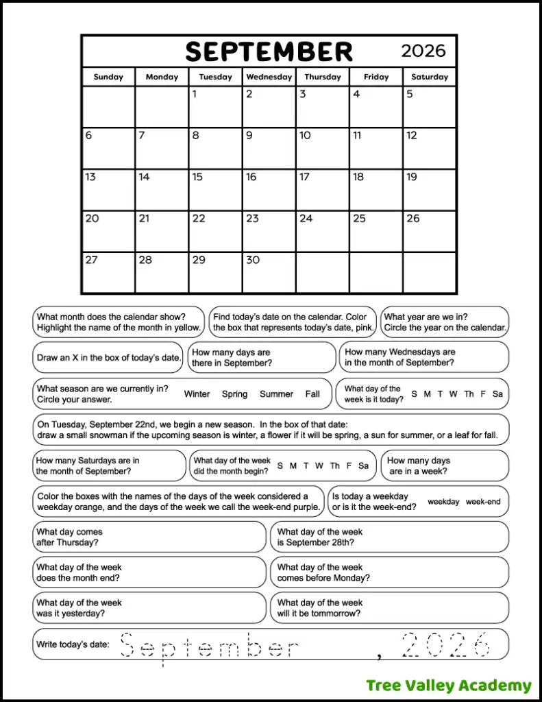 A free printable grade 1 calendar worksheet for the month of September 2026. The black and white full page worksheet has the monthly calendar and 21 calendar questions. Kids will circle, color, trace, draw, and write the answers.