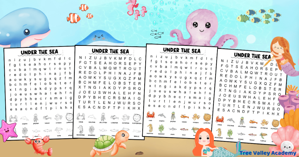 A printable under the sea word search for kids around 1st grade. 4 versions to choose from, black and white or color, in uppercase or lowercase letters. Each of the 12 hidden words of sea creatures has a picture helping kids see what the word to find is.