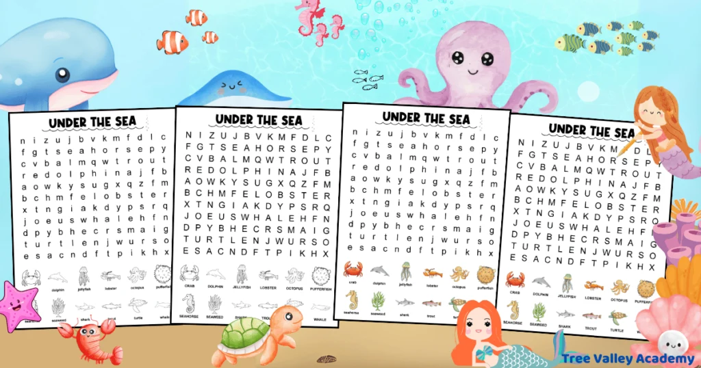 A printable under the sea word search for kids around 1st grade. 4 versions to choose from, black and white or color, in uppercase or lowercase letters. Each of the 12 hidden words of sea creatures has a picture helping kids see what the word to find is.