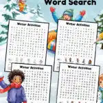 1st grade winter activities word search printables showing uppercase and lowercase puzzles in color and black and white.