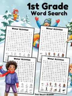 1st grade winter activities word search printables showing uppercase and lowercase puzzles in color and black and white.