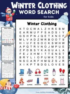Free printable winter clothing word search for kids with winter clothing words. There's a large puzzle with colorful illustrations and uppercase letters, plus smaller versions of the same puzzle that are a mix of black and white or color with uppercase or lowercase letters.