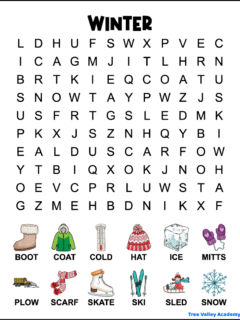 A printable 1st grade winter word search for kids. The easy word search has 12 winter words hidden in a 10 X 12 grid of uppercase large print letters. The winter words to find are: boot, coat, cold, hat, ice, mitts, plow, scarf, skate, ski, sled, and snow. There are small images in color, above each word to find.