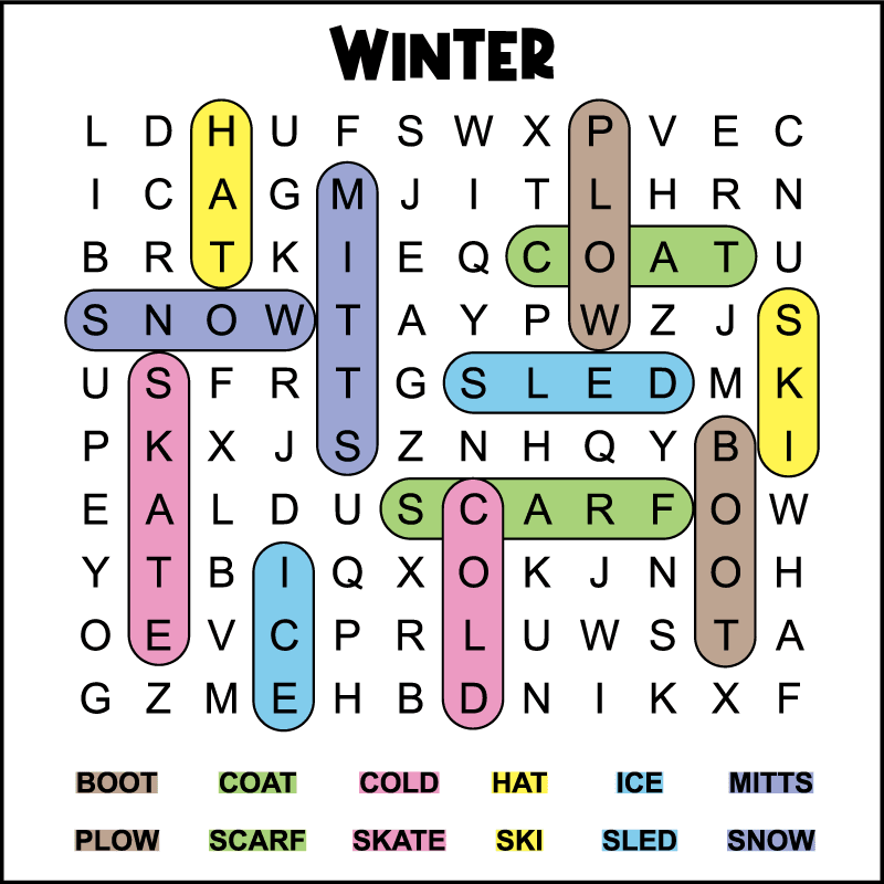 A 1st grade winter word search answer key. The answers are color-coded to make it easy to locate the hidden words. There are 12 hidden winter words in a 10 X 12 grid of large print letters.