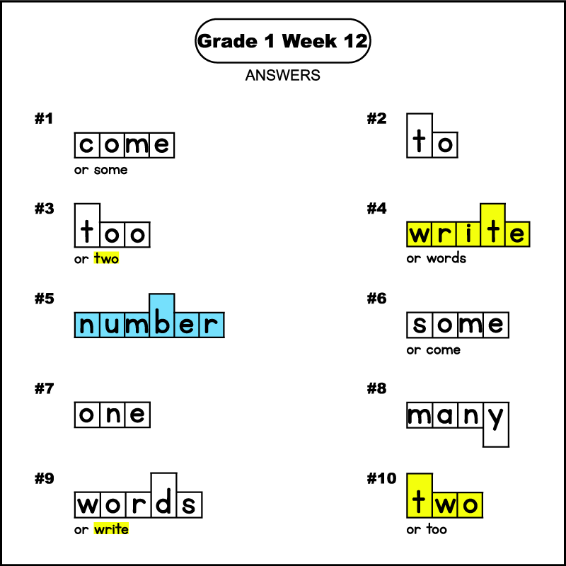 The answers for a 1st grade phonics worksheet that has a word shape puzzle. The words are grade 1 spelling words for week 12. The answers from 1 to 10 are: come, to, too, write, number, some, one, many, words, and two. The word boxes for the words write and two should have been colored yellow, and the word box for the word number light blue.