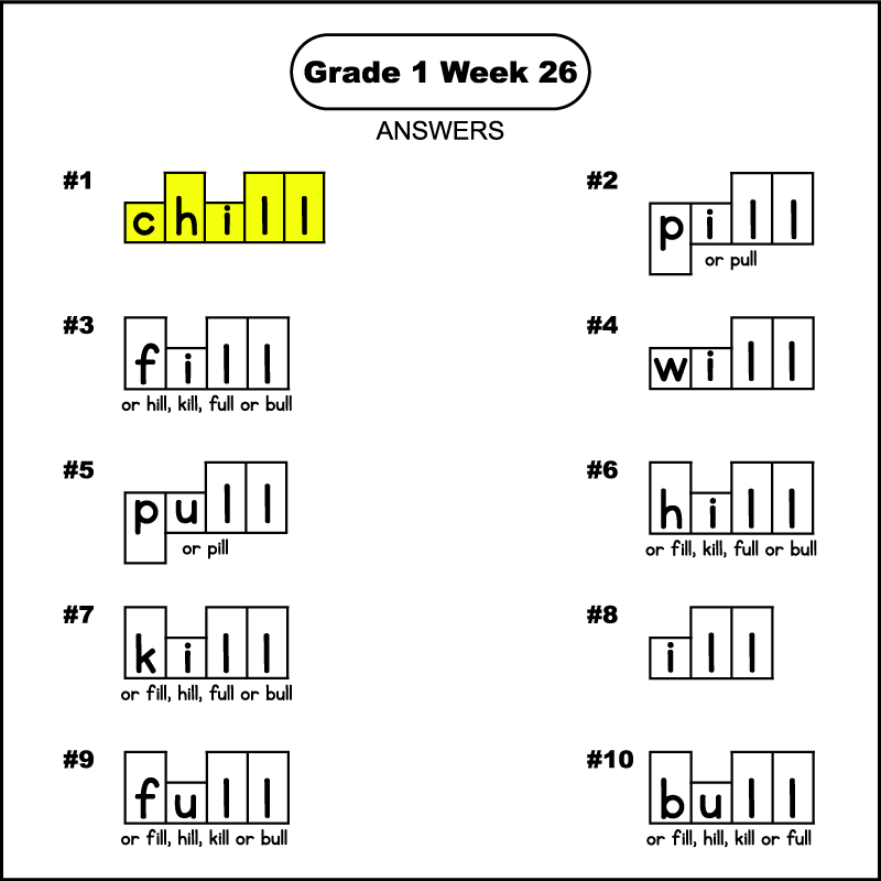 A 1st grade phonics word shape puzzle worksheet answer key. The answers from 1 to 10 for the puzzle of week 26 are: chill, pill, fill, will, pull, hill, kill, ill, full, and bull. The word box for the word "chill" should have been colored yellow.