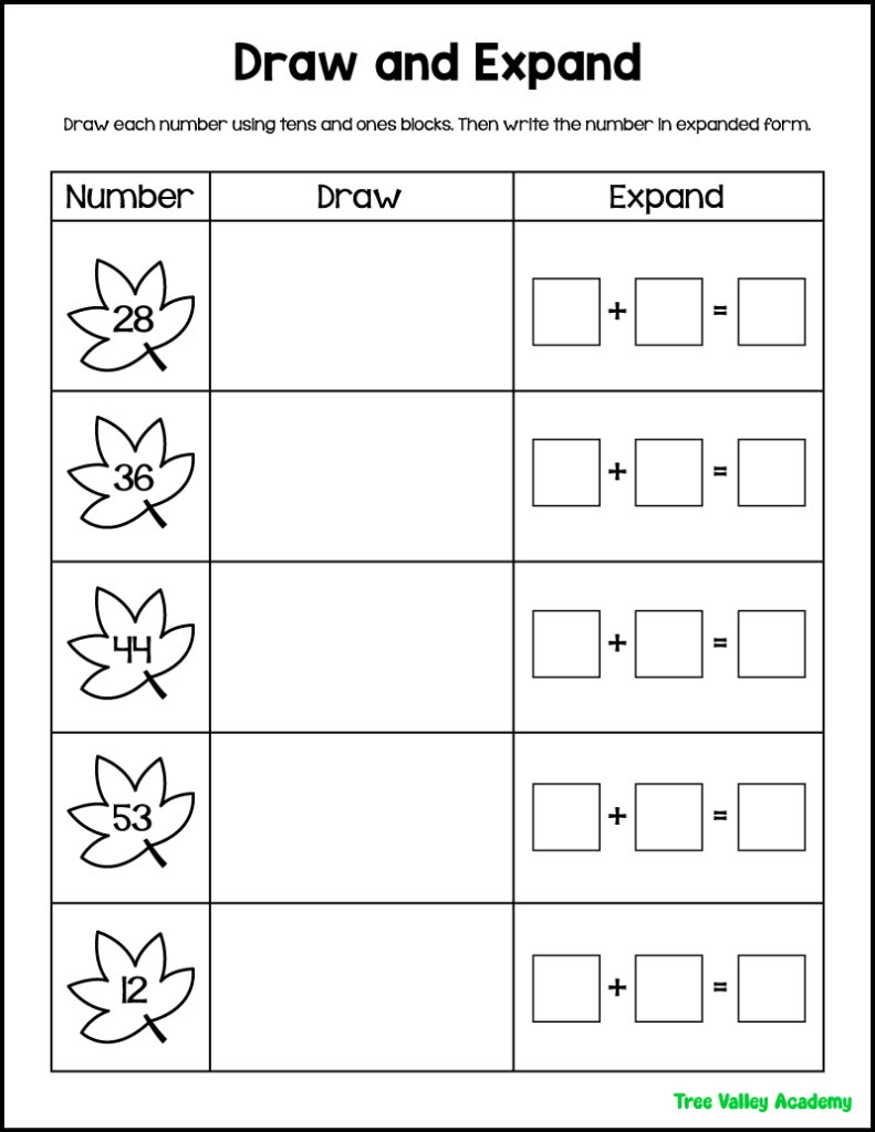 2nd grade expanded form worksheet for drawing 2-digit numbers with base ten blocks