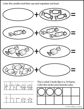 free math printable: tracing three, number bonds of three, 3 in 10 frame