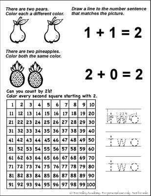 Free Math Printable: counting by 2's to 100; writing two; math equations that equal 2, etc.