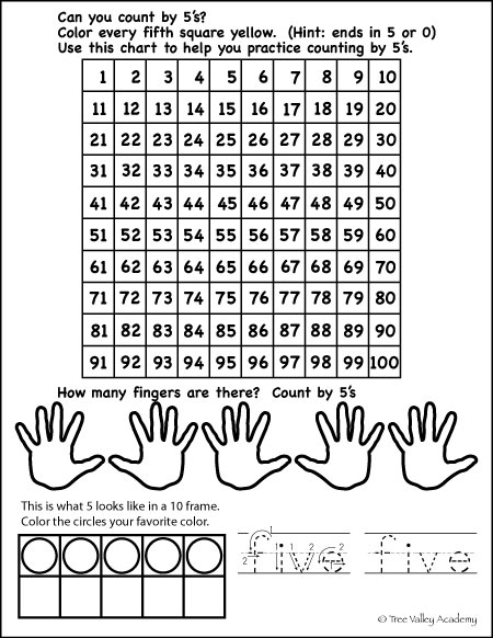 Free Math Printable: counting by 5's, 5 in a 10 frame, writing numbers in words (five)