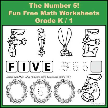 Grade K / 1 Fun Free Math Worksheets: The Number 5!