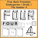 Fun Free Grade K / 1 Math Printables learning skills like number bonds that add up to the number 4 and learning to spell the number four.