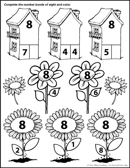 A coloring page with flowers and and houses for kids to color. Each flower and house contains a math problem with a number pair of 8.