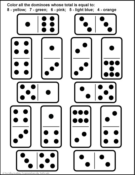 Free printable domino number bonds worksheet for kids.  A fun coloring math worksheet for kindergarten or grade 1 students to practice number Bonds of 4, 5, 6, 7 & 8. #math