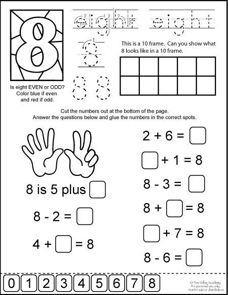 Free printable. Number bonds of 8 math equations, 10 frame, odd or even, writing eight in words