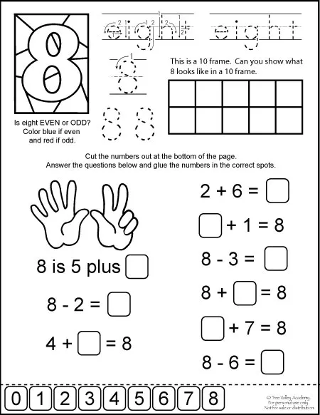 Free printable. Number bonds of 8 math equations, 10 frame, odd or even, writing eight in words