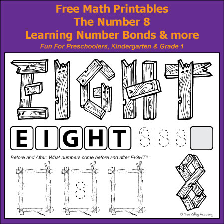 Free math printables. The Number 8. Learning Number Bonds and more. Fun for preschoolers, kindergarten & grade 1.