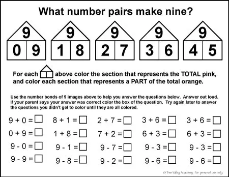 Free Math Printable to help parent teach child number bonds of 9.