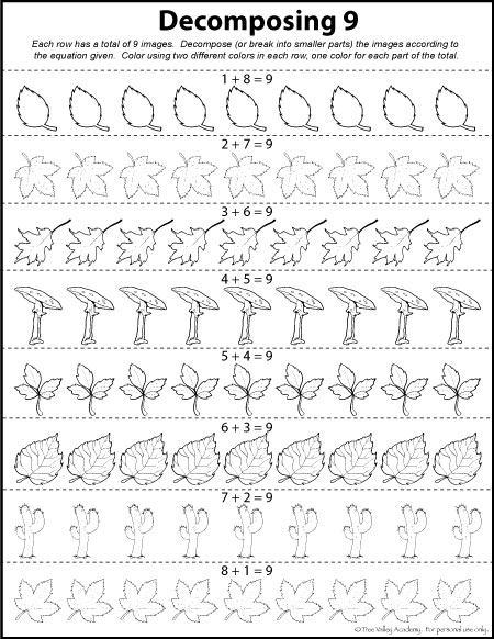 Free Math Printables. Decomposing 9 colouring worksheet.