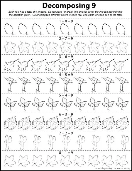 Free Math Printables. Decomposing 9 colouring worksheet.